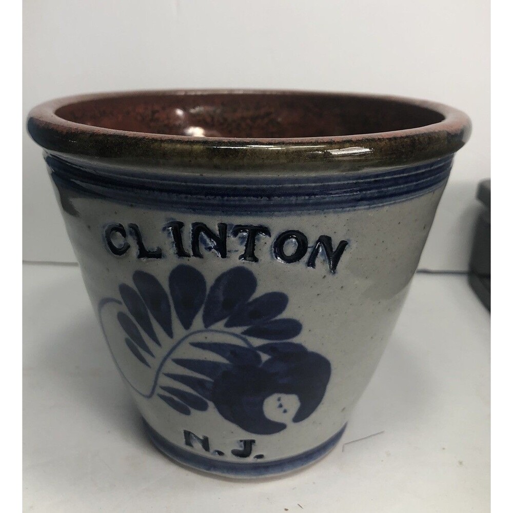 Vintage Stoneware Crock Clinton N.J. Blue Flower Grey & Blue Redishish Interior